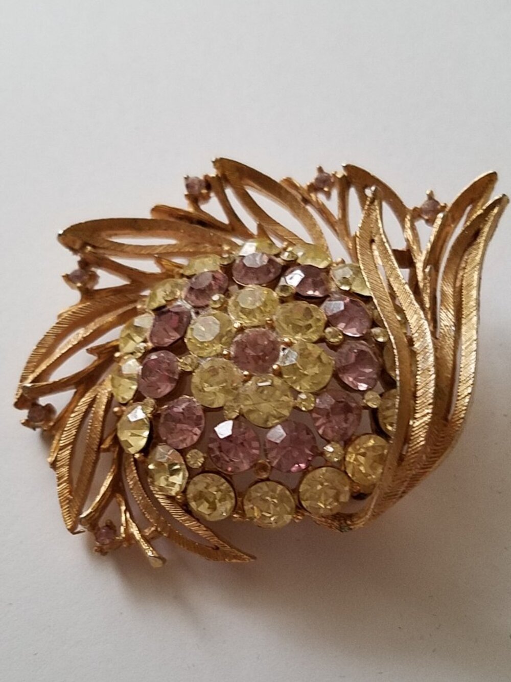 Vintage Lisner Lilac and Light Green Rhinestone Floral Brooch